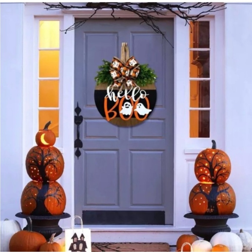 Wooden Fall Autumn Hello Boo Ghost Door Porch Hanger Wreath Front Door Fall  New